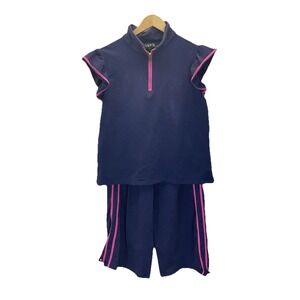 SSYS Boutique 2 Pc Set Wide Leg Ruffled Flutter Navy Blue Pink Trim Casual S